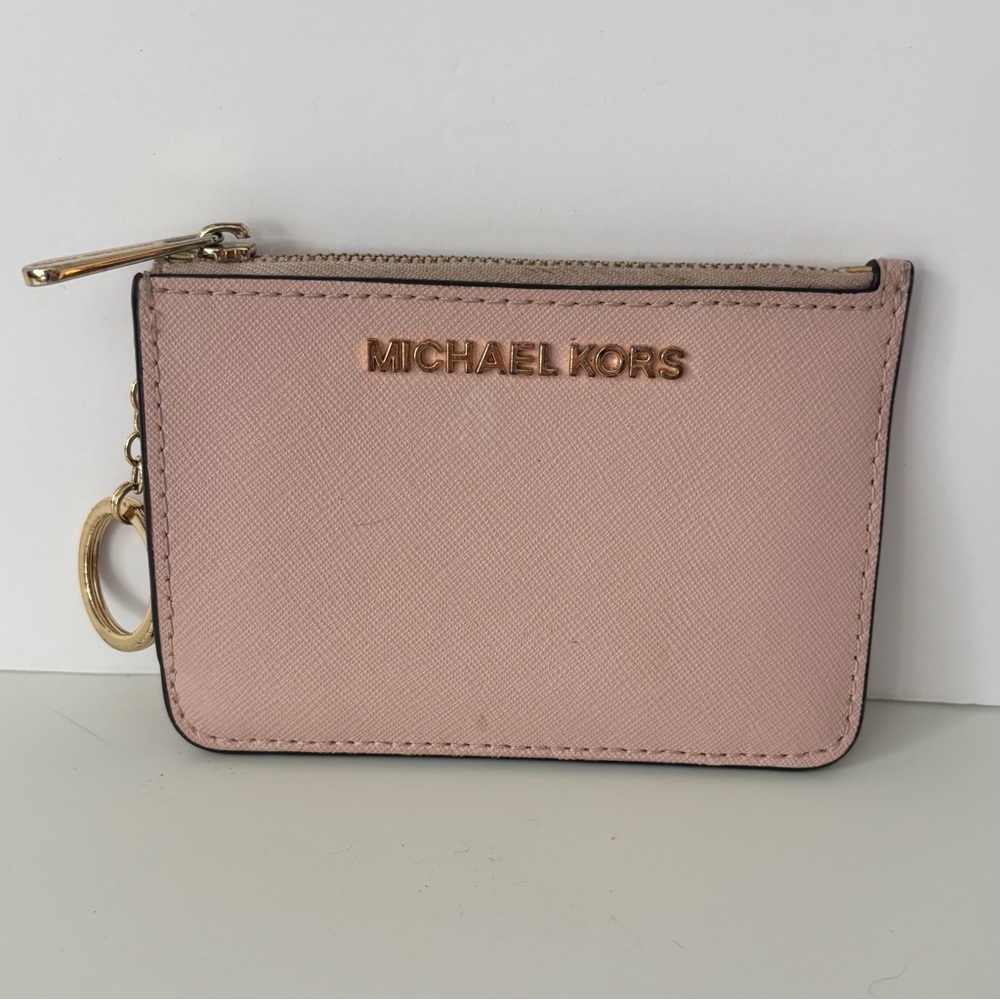 Michael Kors Pink Saffiano Leather Zip Card Holder Coin Pouch Key Ring Wallet
